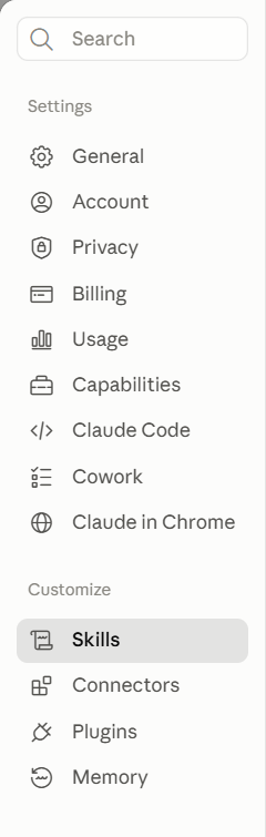 Claude's settings menu with sections General, Account, Privacy, Billing, Usage and Capabilities, and below them a Customize group where Skills is highlighted