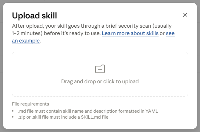 Claude's Upload skill dialog: a drag-and-drop box labelled 'Drag and drop or click to upload', a note that uploads go through a brief security scan, and file requirements saying a .zip or .skill file must include a SKILL.md file
